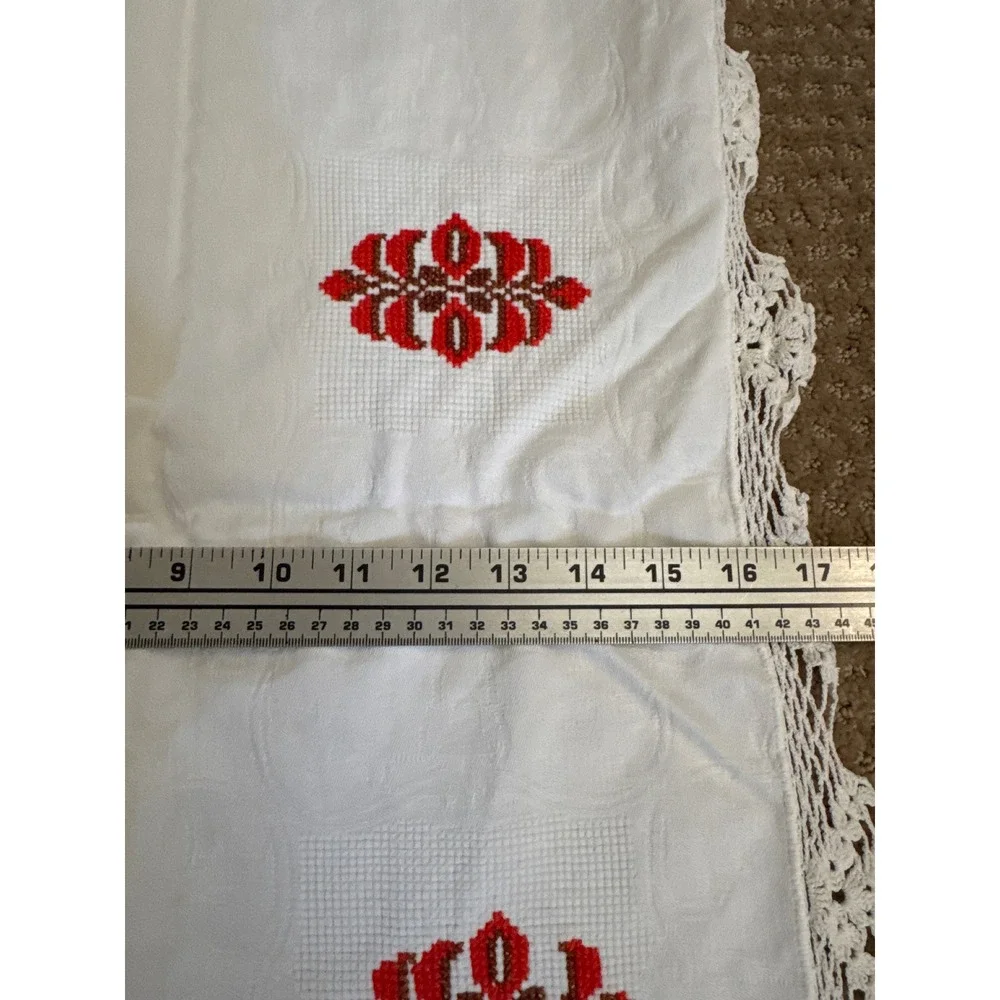 Vintage Cross Stitch Embroidered Table Runner White Red Floral Crochet Lace 59in